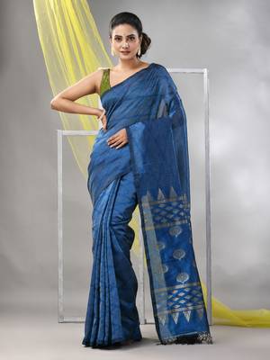 Sapphire blue silk matka soft saree with stripes pattern 1