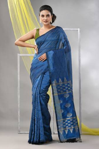 Sapphire blue silk matka soft saree with stripes pattern