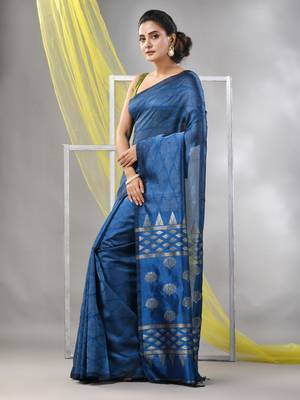 Sapphire blue silk matka soft saree with stripes pattern 2