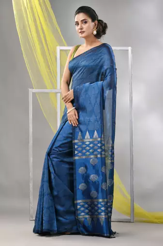 Sapphire blue silk matka soft saree with stripes pattern