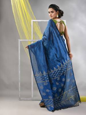 Sapphire blue silk matka soft saree with stripes pattern 3