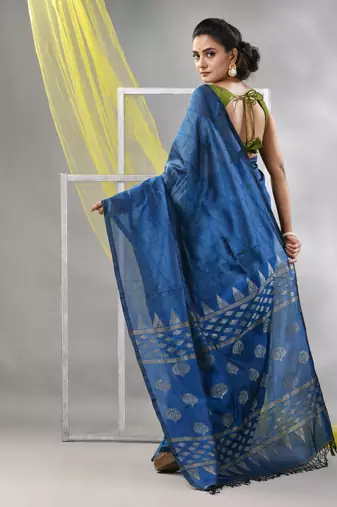 Sapphire blue silk matka soft saree with stripes pattern