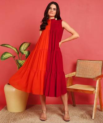 Pink&orange color georgette half and half western dress 1