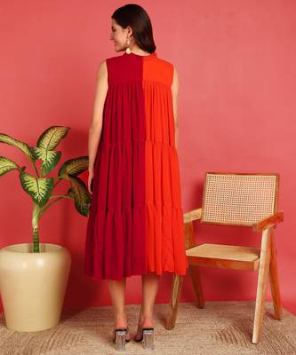Pink&orange color georgette half and half western dress 2