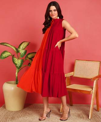 Pink&orange color georgette half and half western dress 4