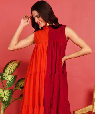 Pink&orange color georgette half and half western dress 5