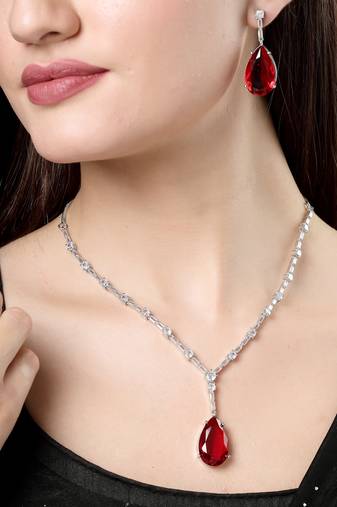 Women silver-plated red artificial stones studded handcrafted jewellery set