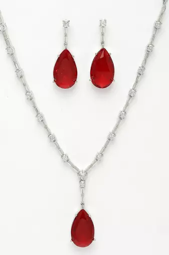 Women silver-plated red artificial stones studded handcrafted jewellery set