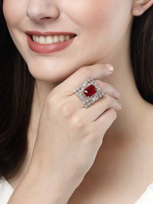 Women red & silver cz-studded  square-shaped adjustable finger ring 1