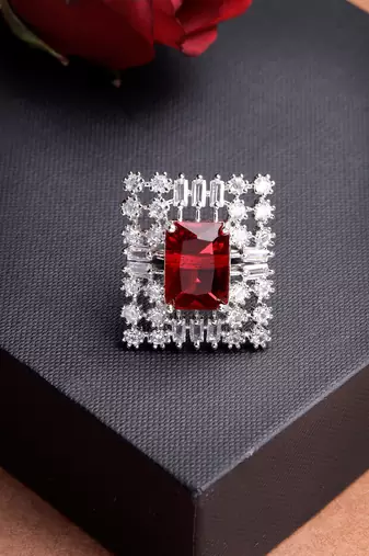 Women red & silver cz-studded  square-shaped adjustable finger ring