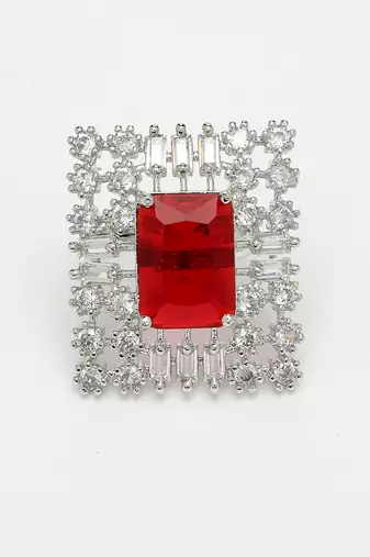 Women red & silver cz-studded  square-shaped adjustable finger ring