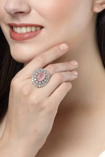 Women pink & silver cz-studded handcrafted adjustable finger ring