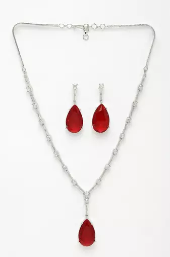 Women silver-plated red artificial stones studded handcrafted jewellery set