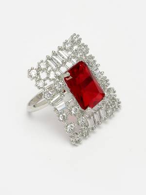 Women red & silver cz-studded  square-shaped adjustable finger ring 4