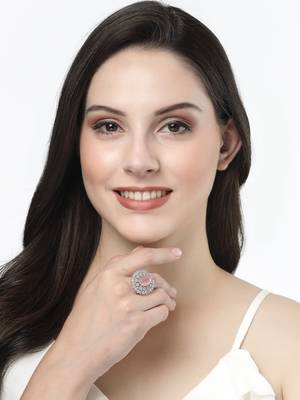 Women pink & silver cz-studded handcrafted adjustable finger ring 3