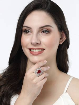 Women red & silver cz-studded  square-shaped adjustable finger ring 5