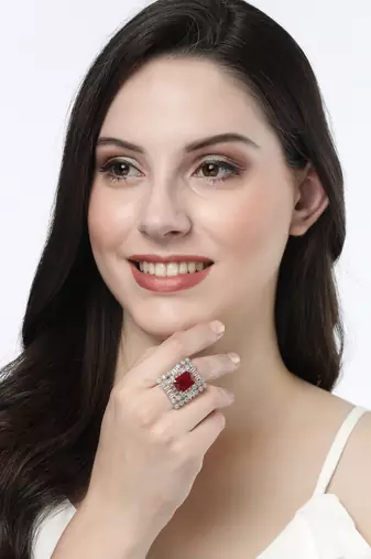 Women red & silver cz-studded  square-shaped adjustable finger ring