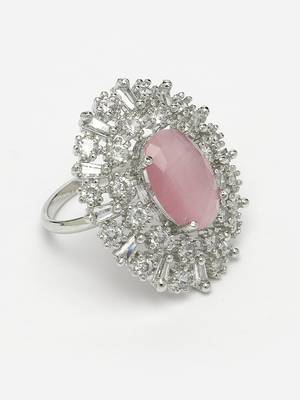 Women pink & silver cz-studded handcrafted adjustable finger ring 5