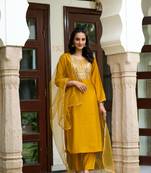 Yellow Solid Chanderi Fabric Embroidered work Straight cut Kurta Pant and Dupatta Set