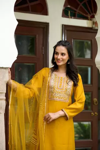 Yellow Solid Chanderi Embroidered work Straight cut Kurta Pant and Dupatta Set
