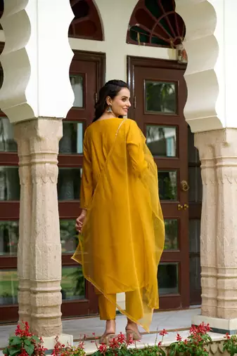 Yellow Solid Chanderi Embroidered work Straight cut Kurta Pant and Dupatta Set