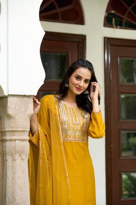 Yellow Solid Chanderi Embroidered work Straight cut Kurta Pant and Dupatta Set 4