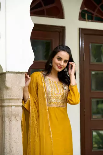 Yellow Solid Chanderi Embroidered work Straight cut Kurta Pant and Dupatta Set