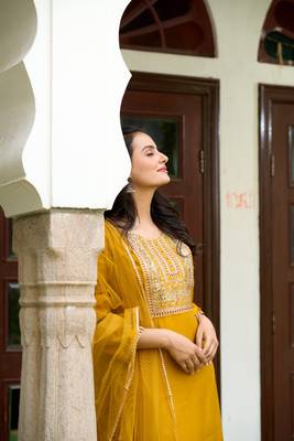 Yellow Solid Chanderi Embroidered work Straight cut Kurta Pant and Dupatta Set 5
