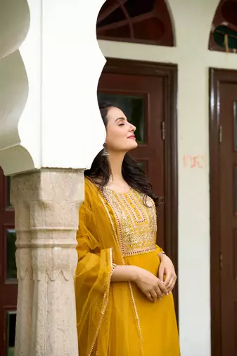 Yellow Solid Chanderi Embroidered work Straight cut Kurta Pant and Dupatta Set