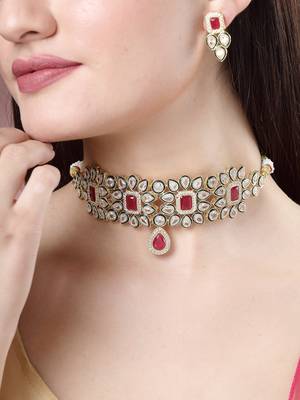 women red & gold kundan studded handcrafted choker jewellery set 1