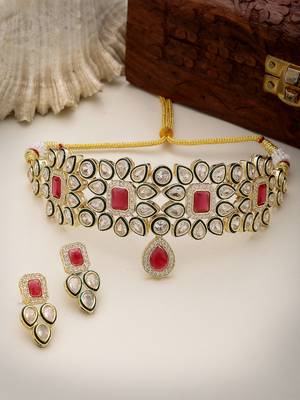 women red & gold kundan studded handcrafted choker jewellery set 2