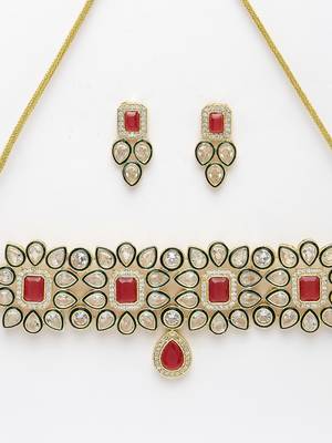 women red & gold kundan studded handcrafted choker jewellery set 3