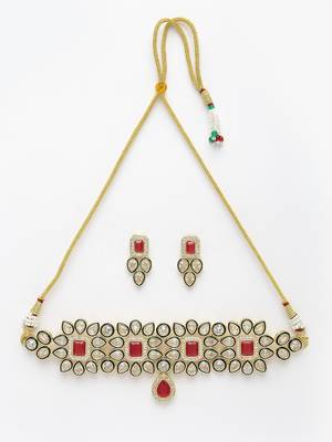 women red & gold kundan studded handcrafted choker jewellery set 5