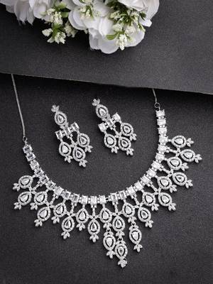 Women silver-plated cubic zirconia studded handcrafted jewellery set 2
