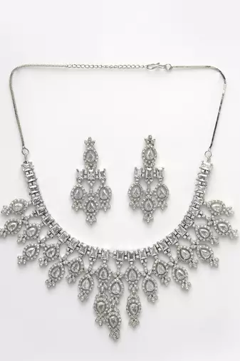 Women silver-plated cubic zirconia studded handcrafted jewellery set