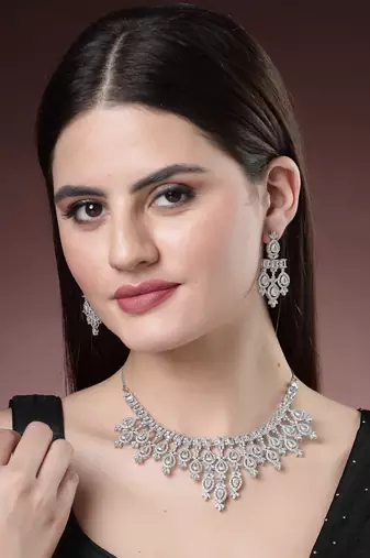 Women silver-plated cubic zirconia studded handcrafted jewellery set