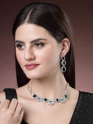 Women green & silver-plated american diamond handcrafted jewellery set 5