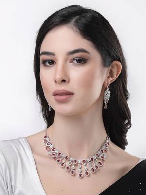 Women silver plated  maroon cz stone handcrafted jewellery set 1