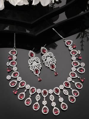 Women silver plated  maroon cz stone handcrafted jewellery set 2
