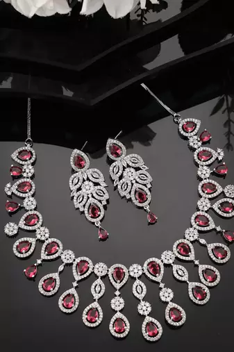 Women silver plated  maroon cz stone handcrafted jewellery set