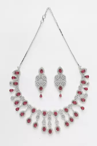 Women silver plated  maroon cz stone handcrafted jewellery set