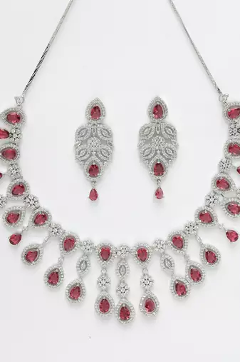 Women silver plated  maroon cz stone handcrafted jewellery set