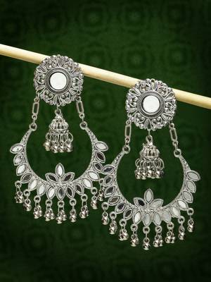 Women silver-plated mirror work oxidised chandbali earrings 2