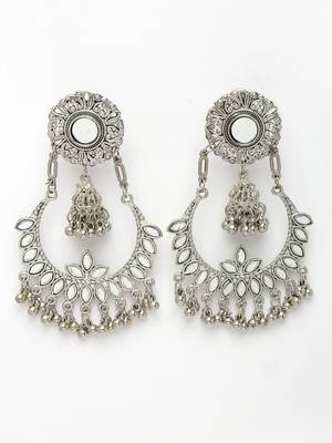Women silver-plated mirror work oxidised chandbali earrings 3