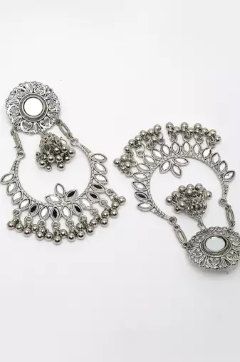 Women silver-plated mirror work oxidised chandbali earrings
