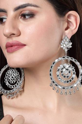 Women silver-toned mirror work oxidised contemporary drop earrings