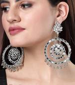 Women silver-toned mirror work oxidised contemporary drop earrings
