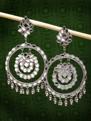 Women silver-toned mirror work oxidised contemporary drop earrings 2