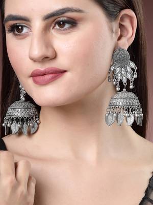 Women silver-plated  dome shaped jhumka oxidised artificial stones earrings 1