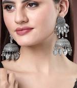 Women silver-plated  dome shaped jhumka oxidised artificial stones earrings
